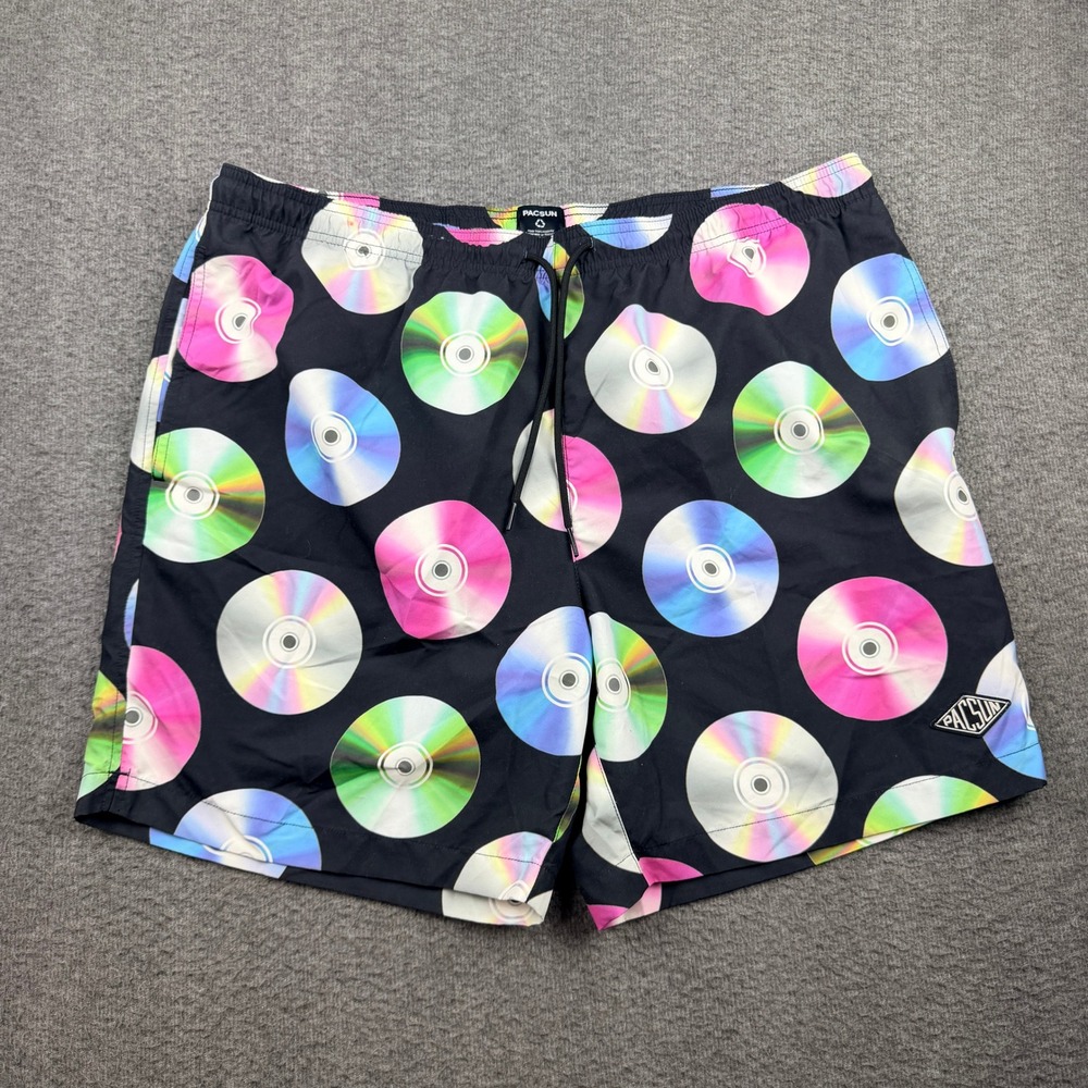 PacSun Men's CD Disc Print Swim Trunks XL Black Recycled Polyester Board Shorts